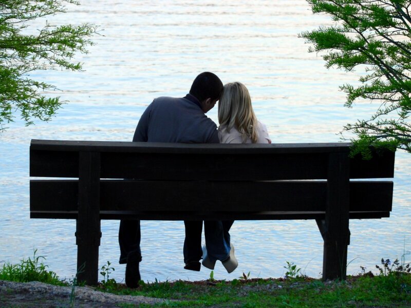 Couple on Bench — Blue, Serene, Sunset, Photograph