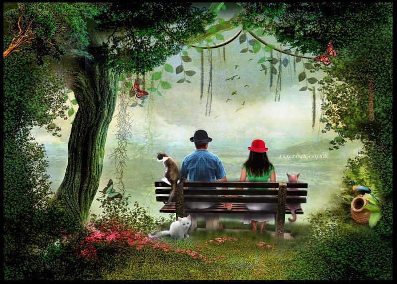 Couple on Bench — Green, Serene, Afternoon, Digital Art