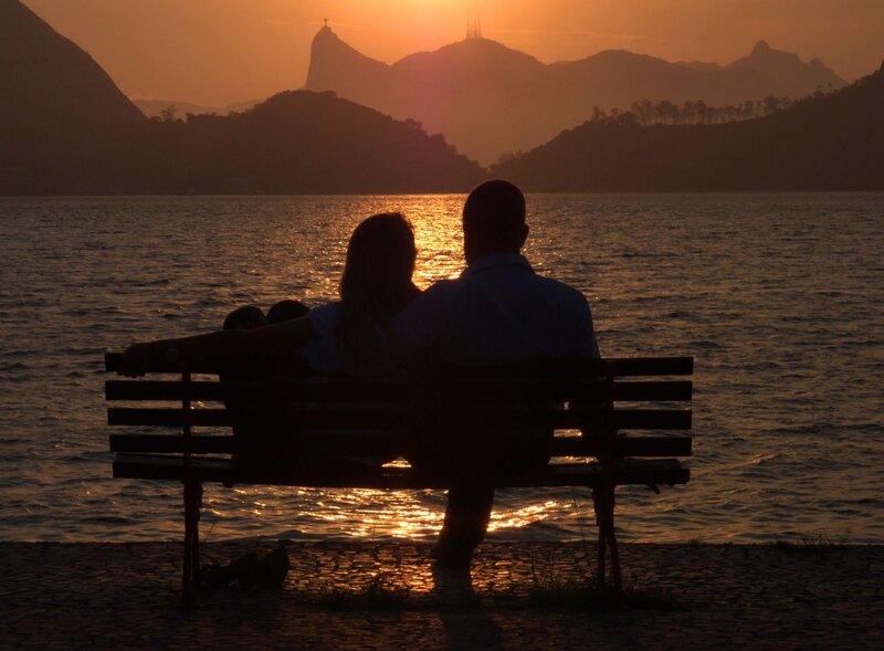 Couple on Bench — Orange, Serene, Sunset