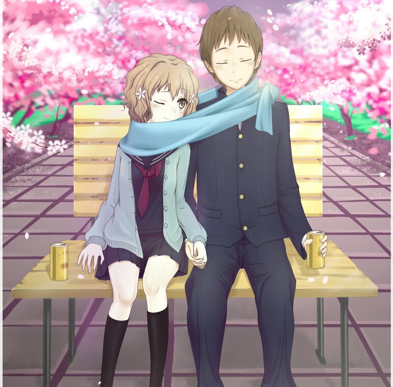 Couple on Bench — Pink, Peaceful