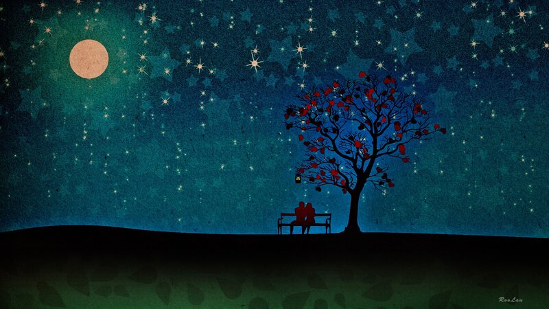 Couple on Bench under Tree — Blue