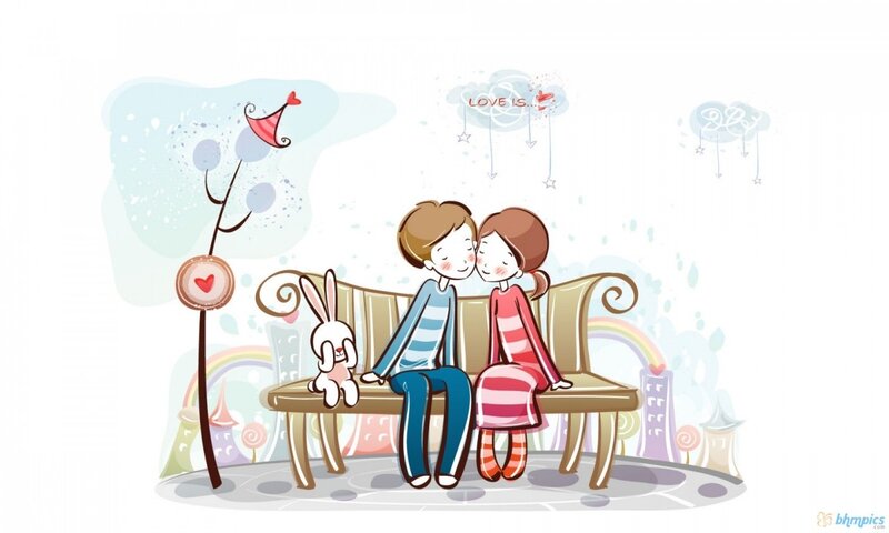 Couple on Bench — White, Romantic, Illustration