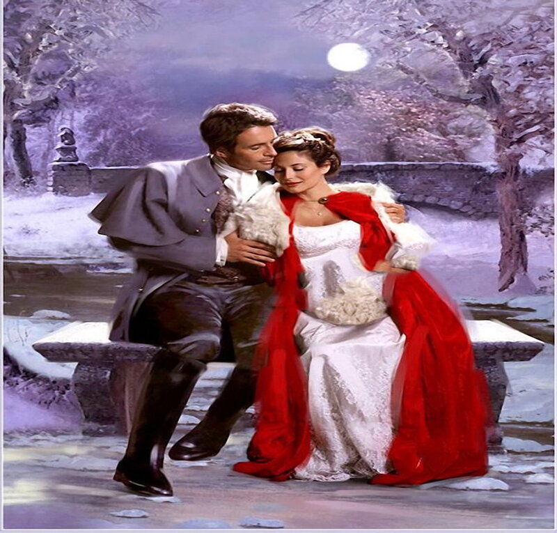 Couple on Bench — White, Romantic, Night