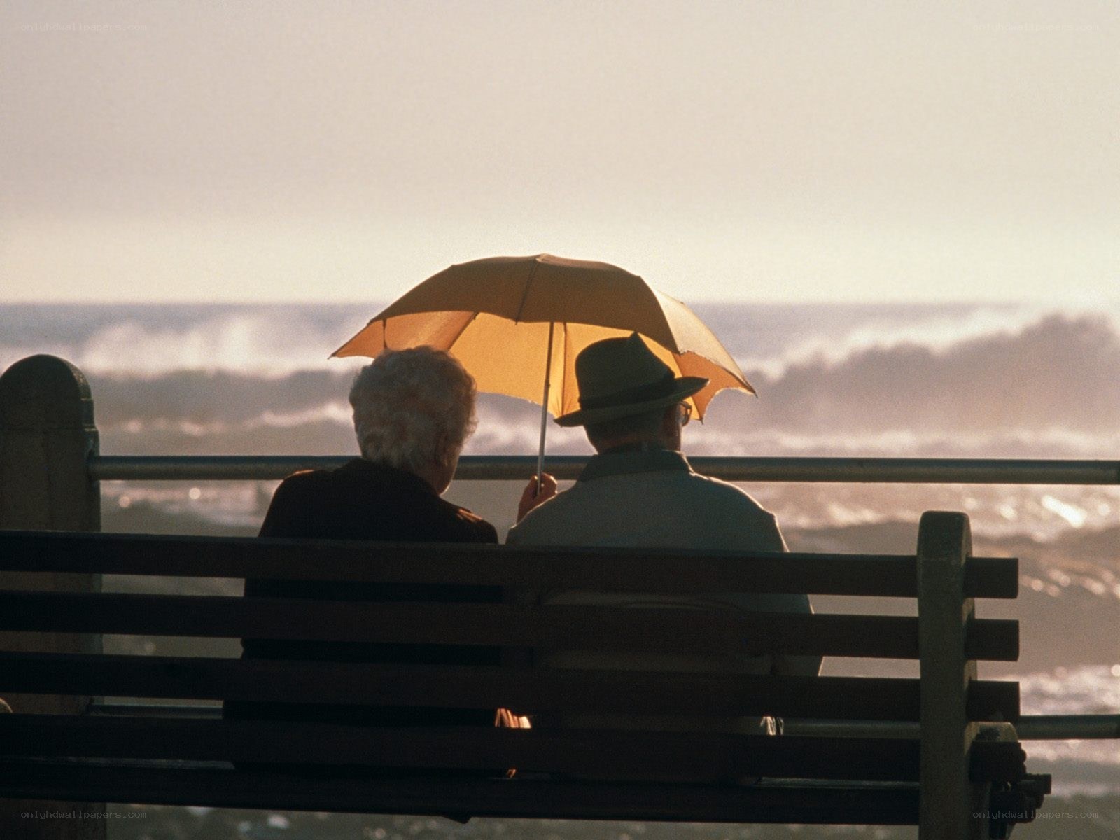 Couple on bench with umbrella