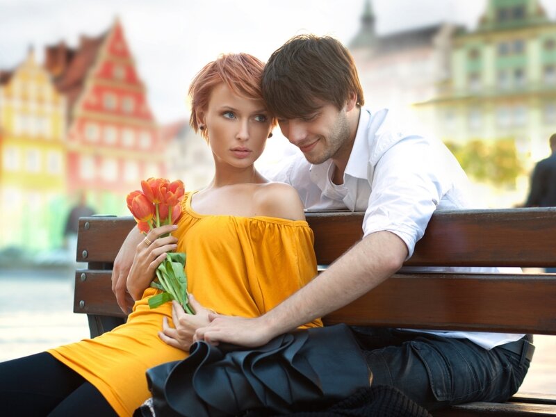 Couple on Bench — Yellow, Romantic, Afternoon, Photograph