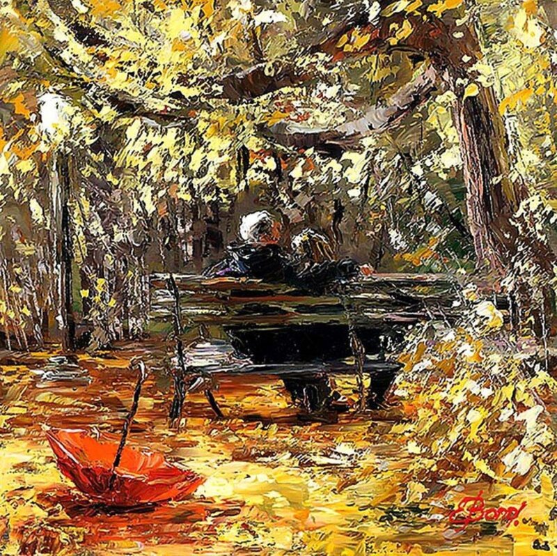 Couple on Bench — Yellow, Serene, Autumn