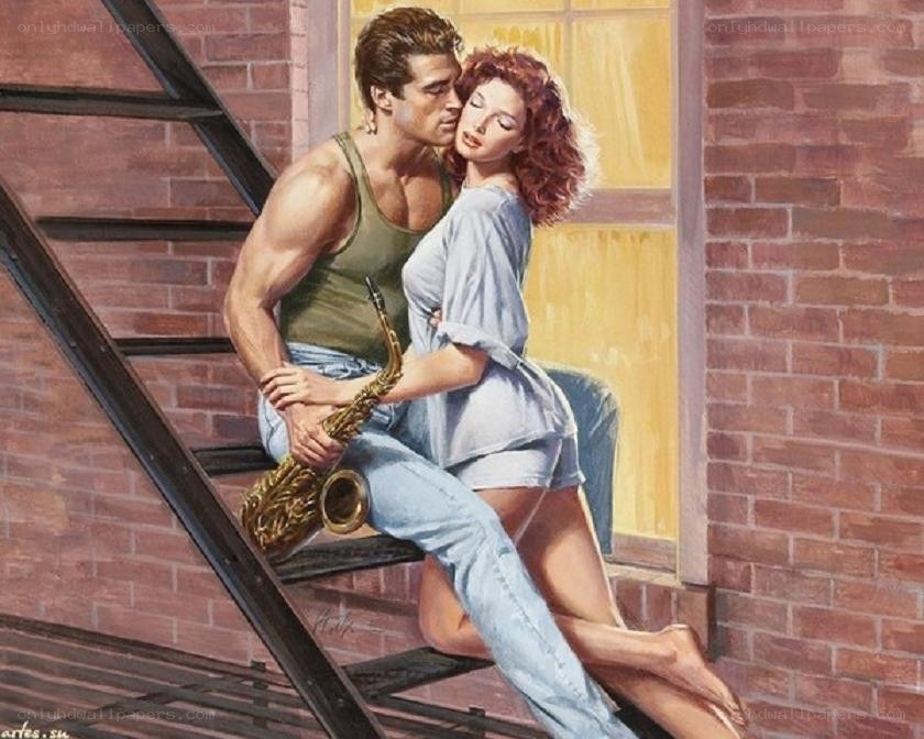 Couple on fire escape with saxophone