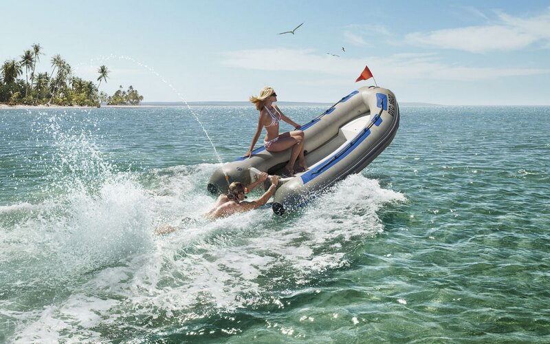 Couple on inflatable boat