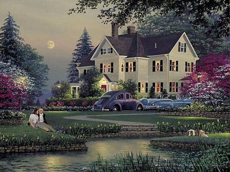 Couple on Lawn at Night — Green