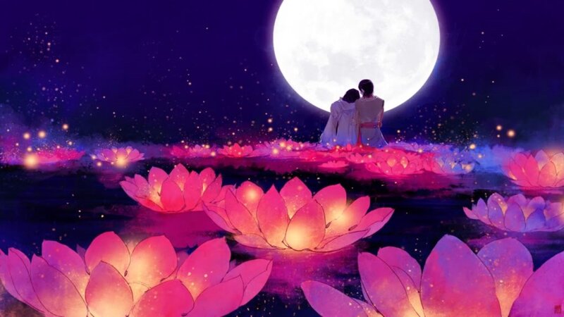 Couple on Lotus Flowers — Purple