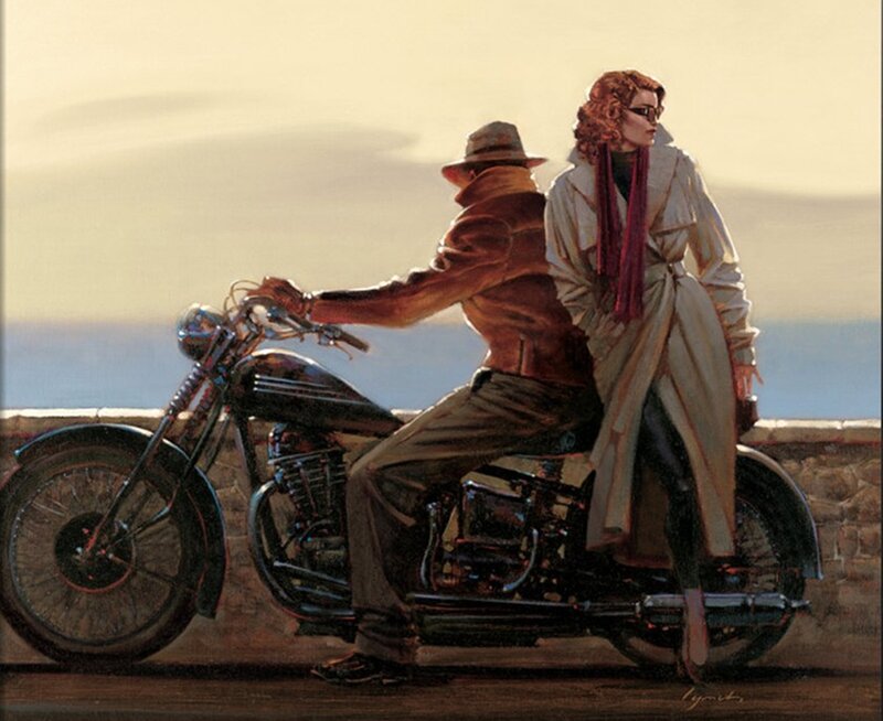 Couple on Motorcycle — Beige