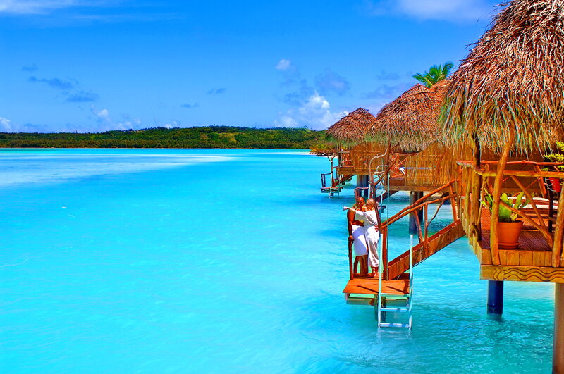 Couple on Overwater Bungalow — Blue, Serene