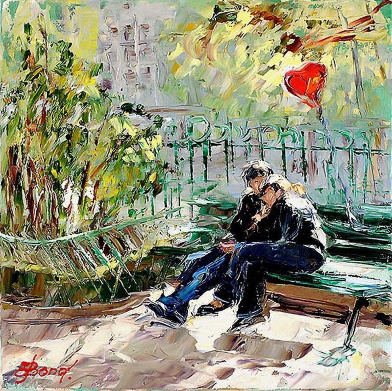 Couple on Park Bench — Green, Romantic