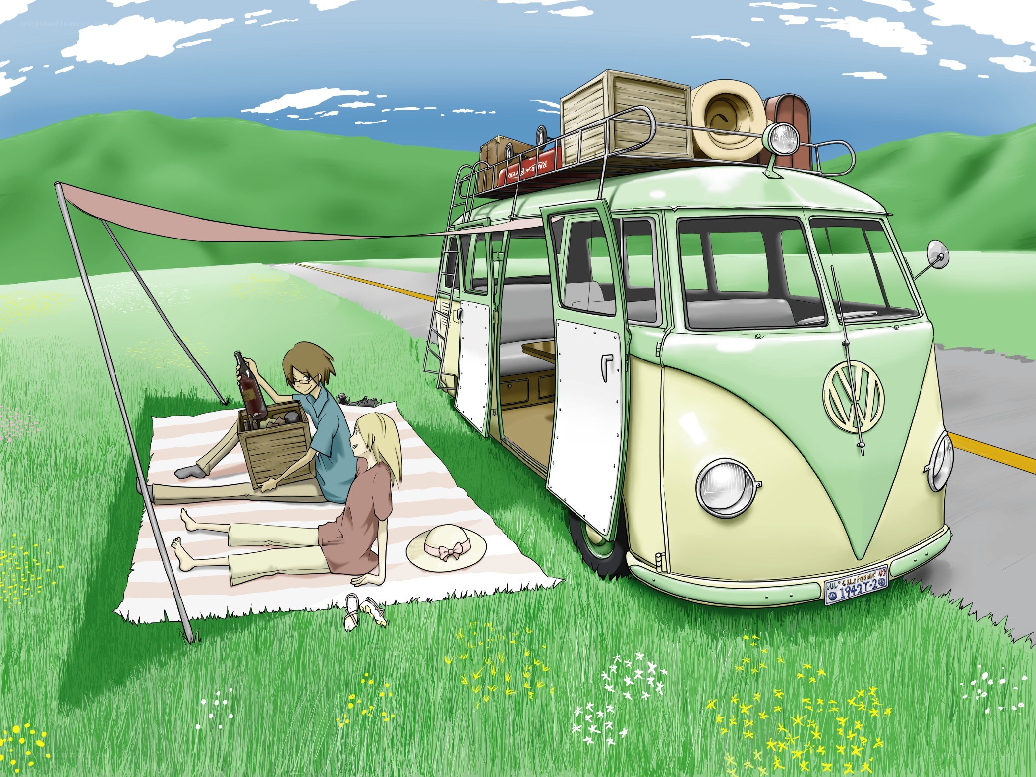 Couple on picnic by van