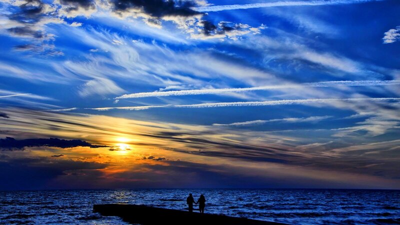 Couple on Pier at Sunset — Blue, Dramatic, Photograph