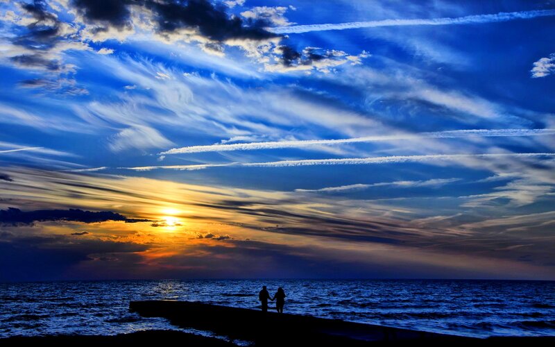 Couple on Pier at Sunset — Blue, Dramatic