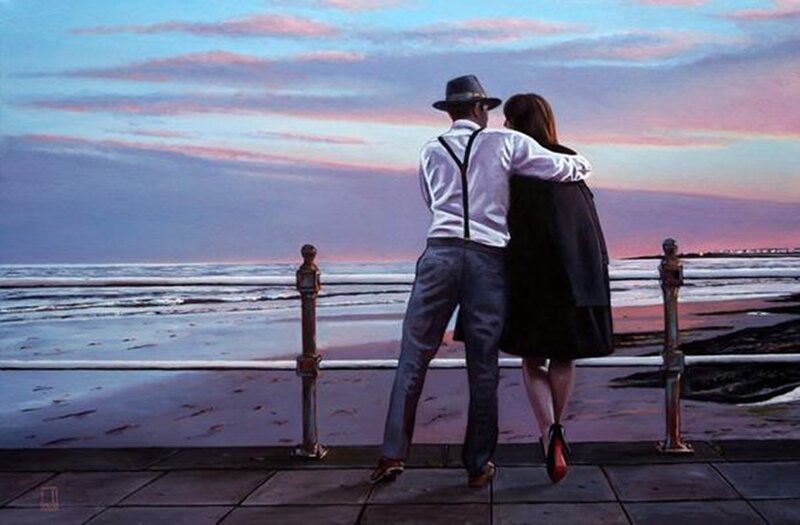 Couple on Pier at Sunset — Blue, Serene
