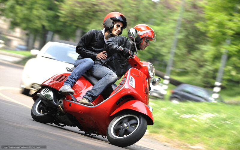 Couple on Red Scooter — Dynamic, Afternoon