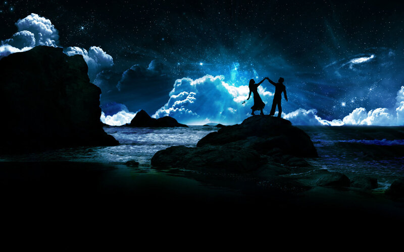 Couple on Rocky Shore — Blue