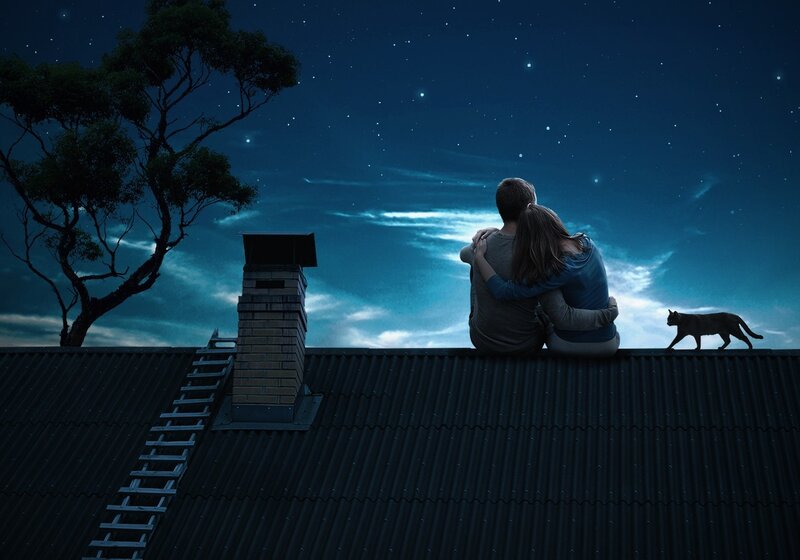 Couple on Rooftop — Blue, Serene, Night