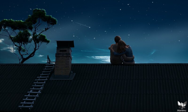 Couple on Rooftop — Blue, Serene