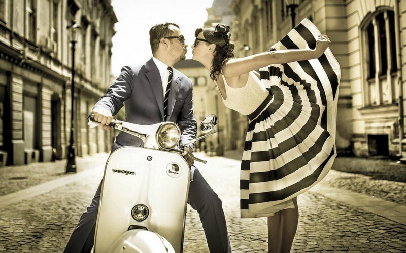 Couple on Scooter — Black, Romantic