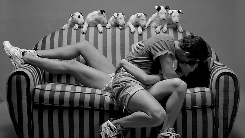 Couple on Striped Couch