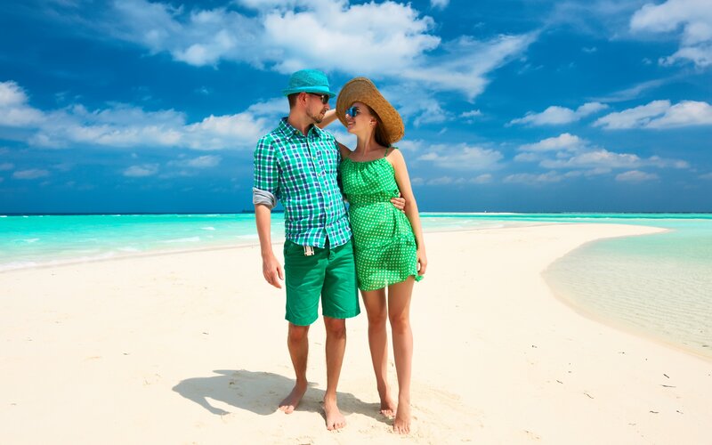 Couple on Tropical Beach — Blue, Serene, Afternoon, Photograph, Sand