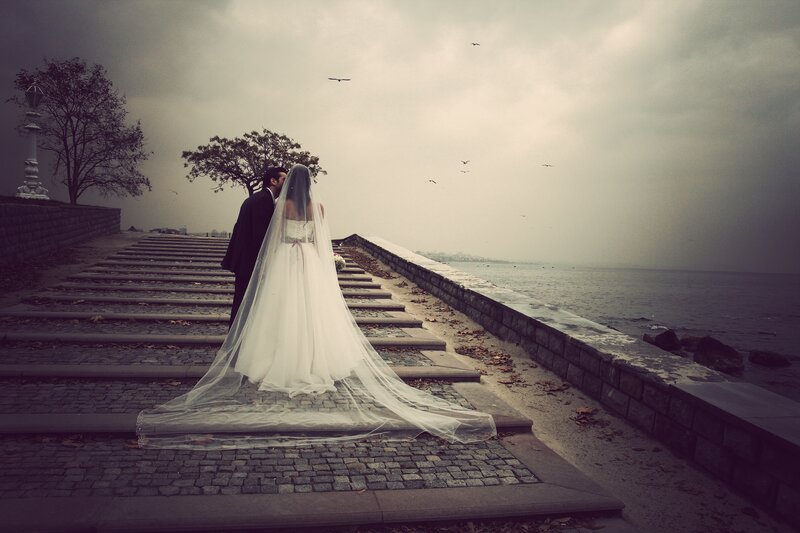 Couple on wedding day by the sea