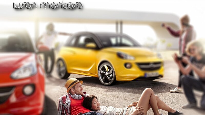 Couple relaxing near cars