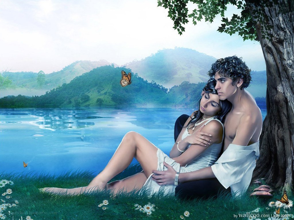 Couple resting by a lake
