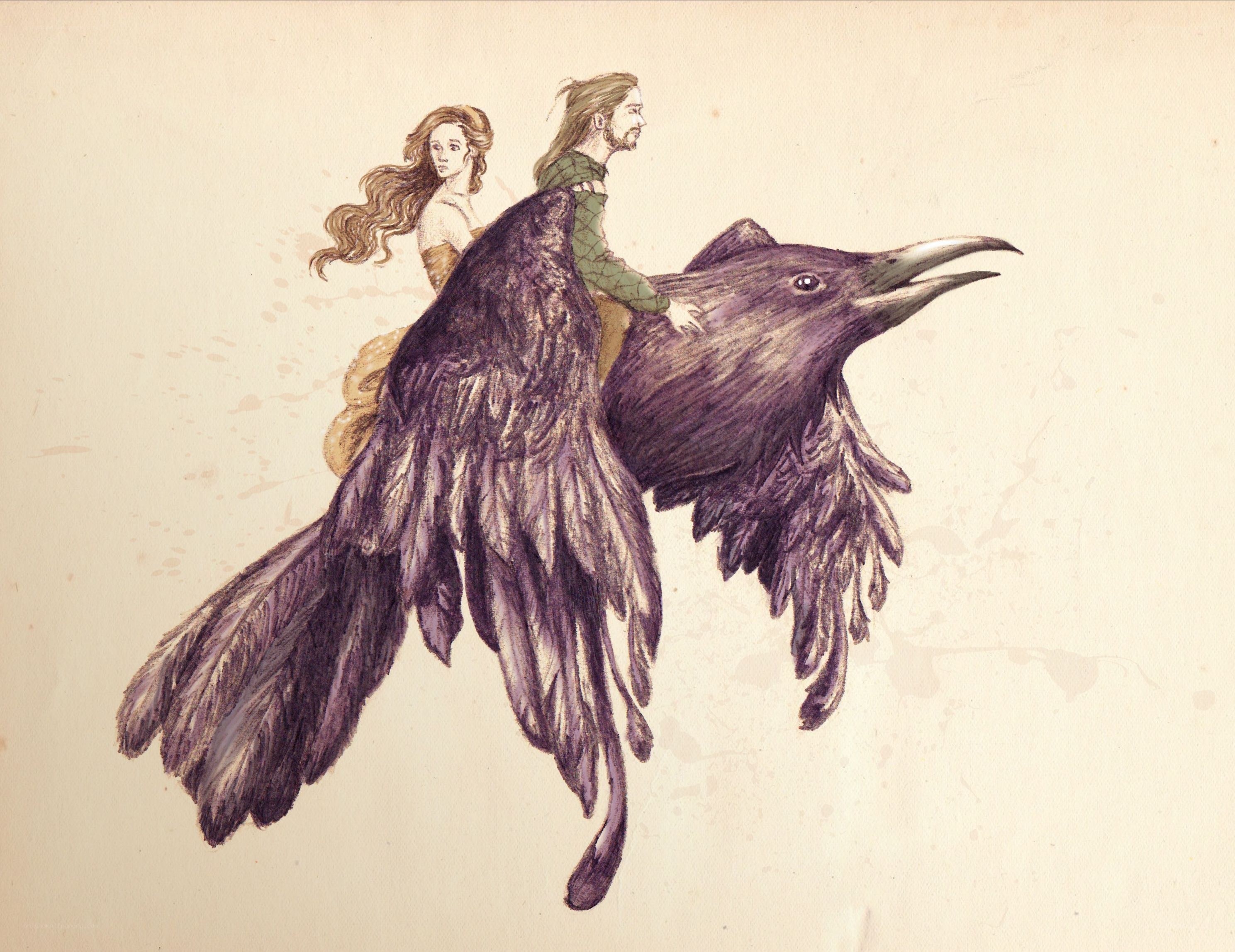 couple riding a giant bird