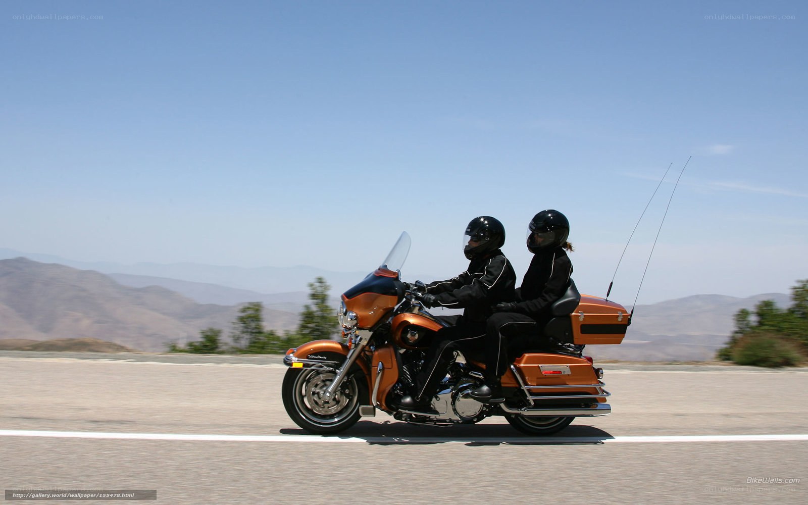 Couple riding orange motorcycle