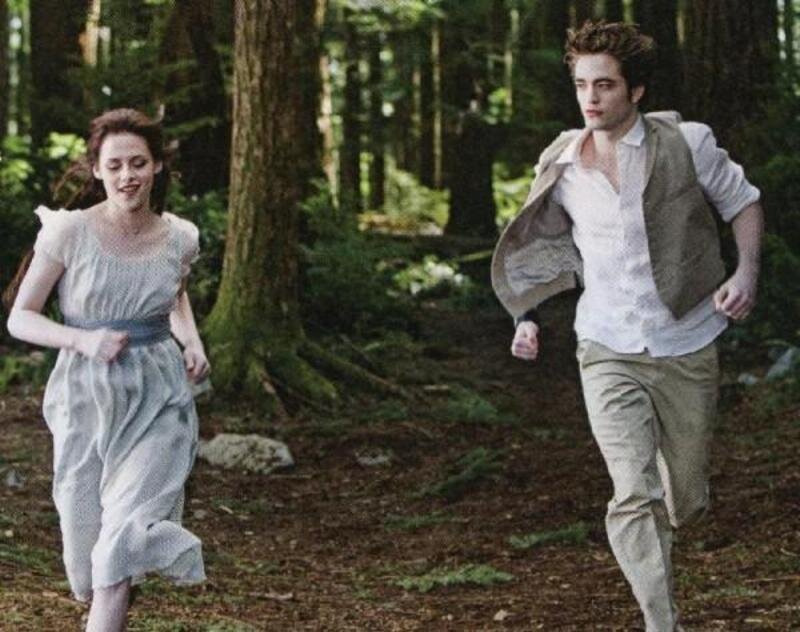 couple running in forest