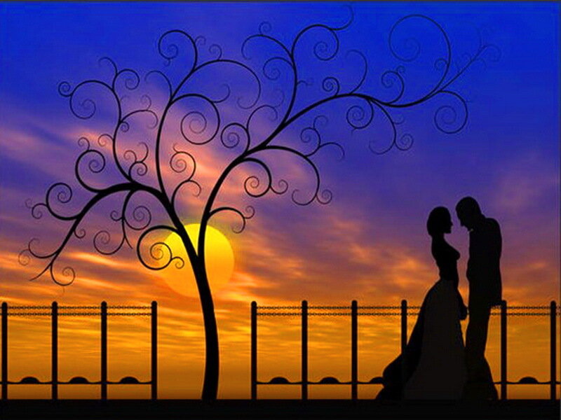 Couple Silhouette at Sunset — Blue