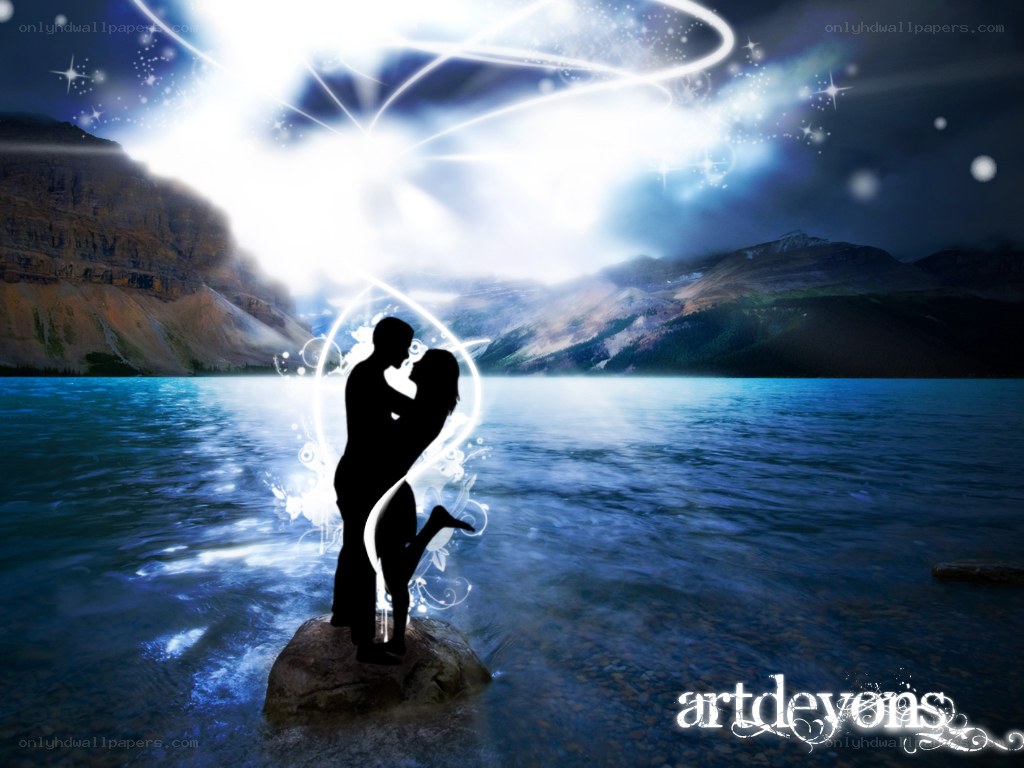 couple silhouette by lake