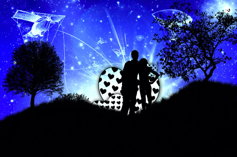 Couple Silhouette on Hill — Blue
