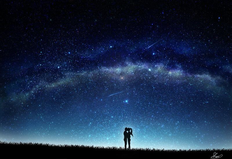 Couple Silhouetted Against Stars — Blue