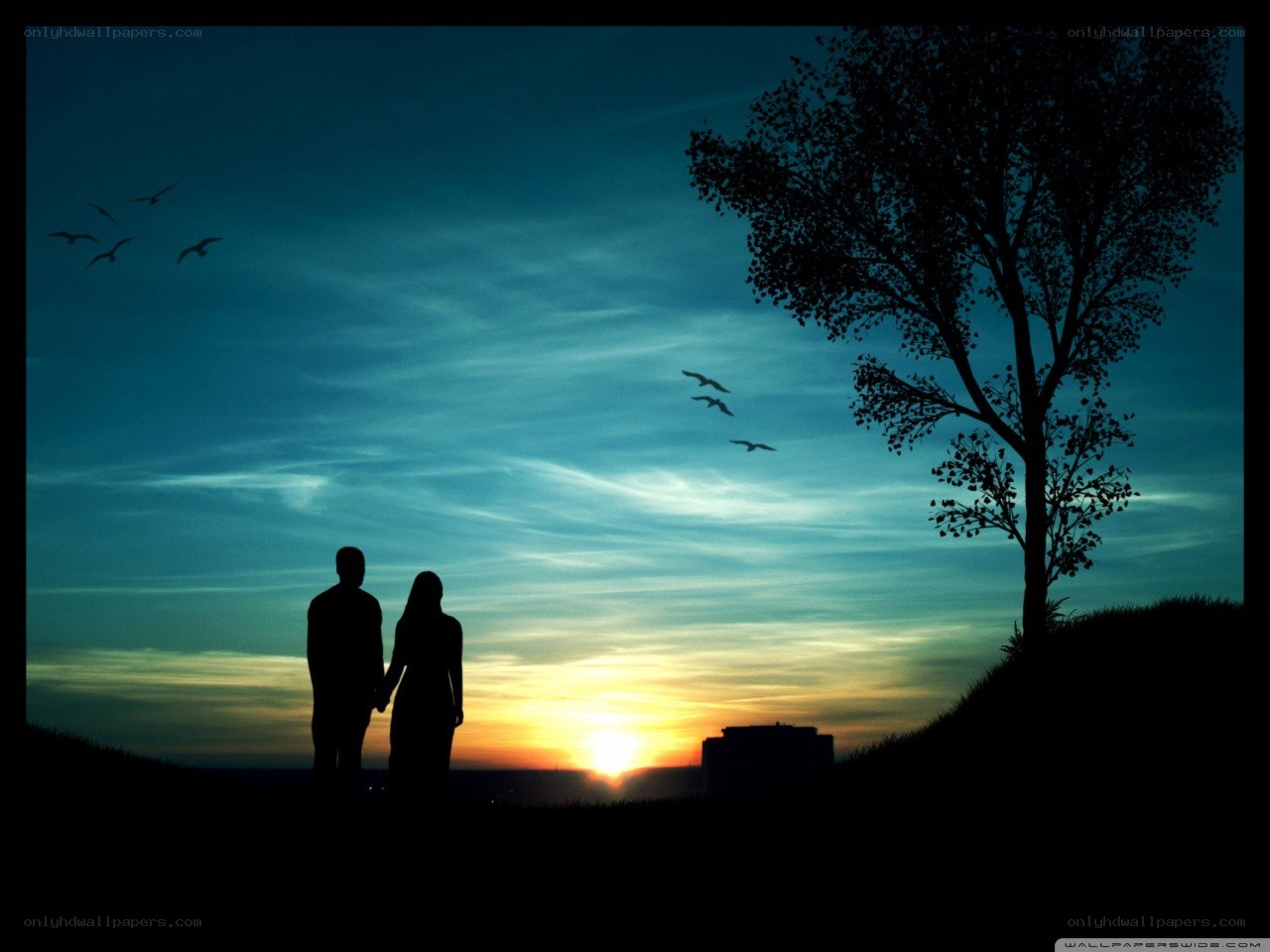Couple silhouetted at sunset