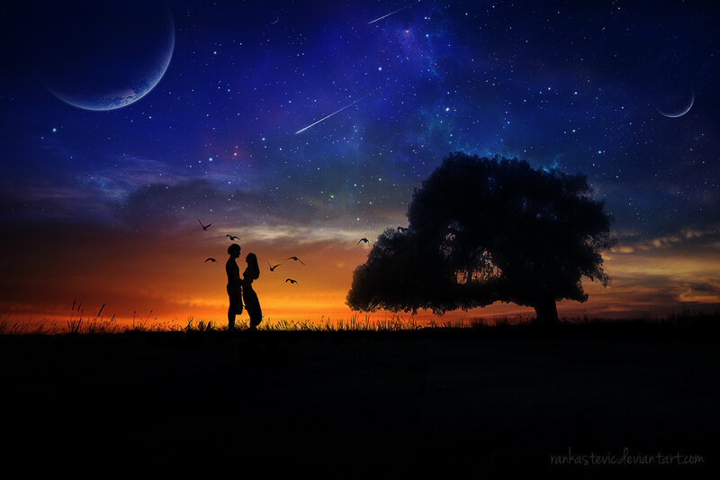 Couple Silhouetted at Sunset — Blue, Serene