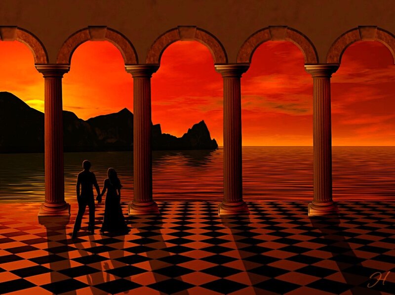 Couple Silhouetted at Sunset — Orange, Dramatic, Digital Art