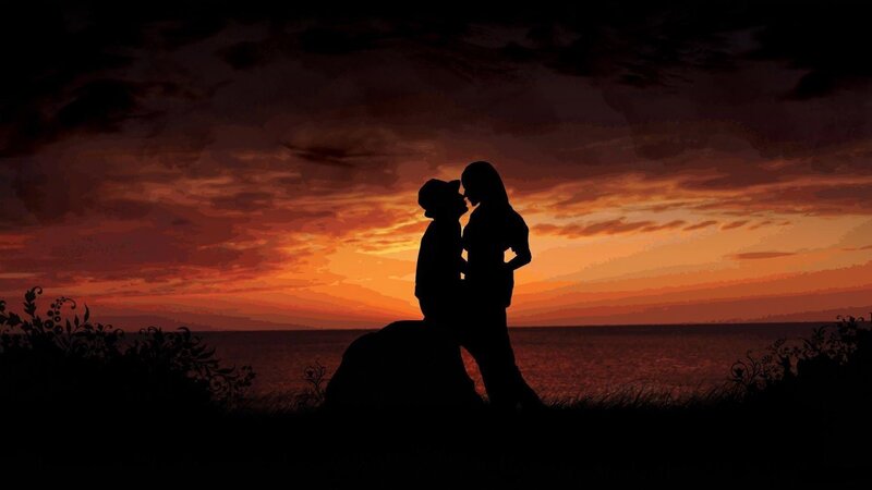 Couple Silhouetted at Sunset — Orange, Romantic, Digital Art, Silhouette, Ocean, Sky