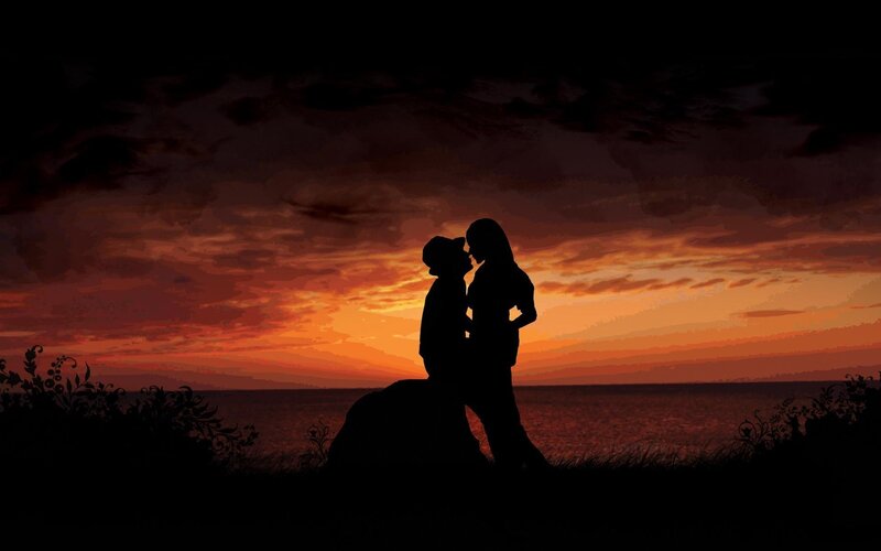 Couple Silhouetted at Sunset — Orange, Romantic, Digital Art