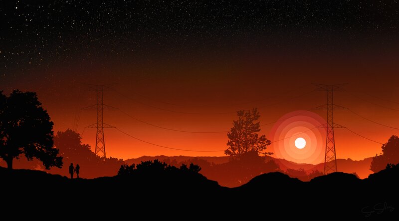 Couple Silhouetted at Sunset — Orange, Serene, Digital Art