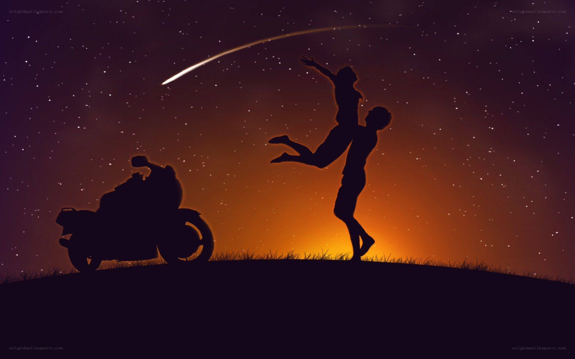 Couple silhouetted under shooting star