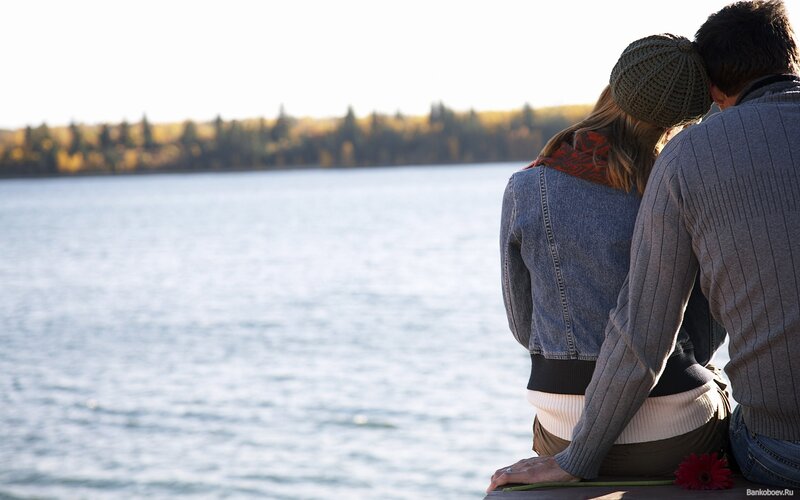 Couple Sitting by Lake — Blue, Serene, Autumn