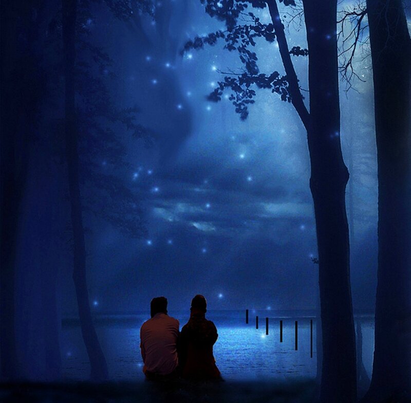 Couple Sitting by Lake — Blue, Serene, Night