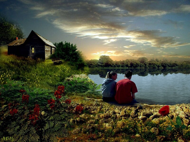 Couple Sitting by Lake — Blue, Serene, Sunset, Digital Art