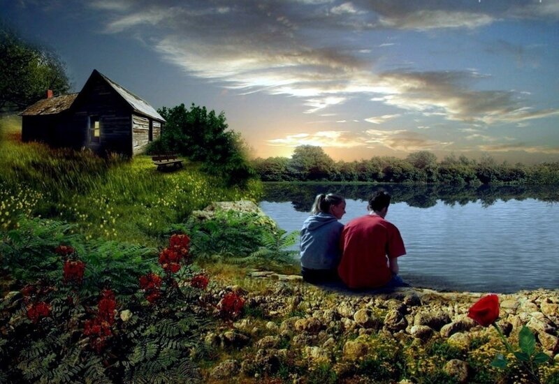 Couple Sitting by Lake — Blue, Serene, Sunset