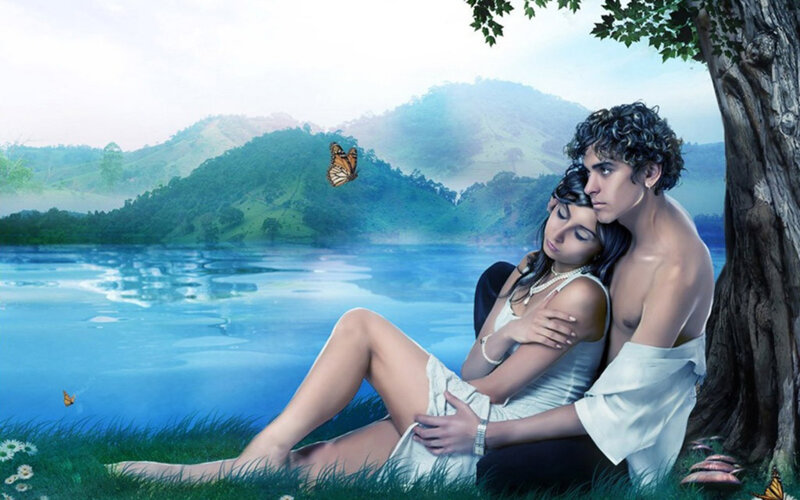 Couple Sitting by Lake — Blue, Serene